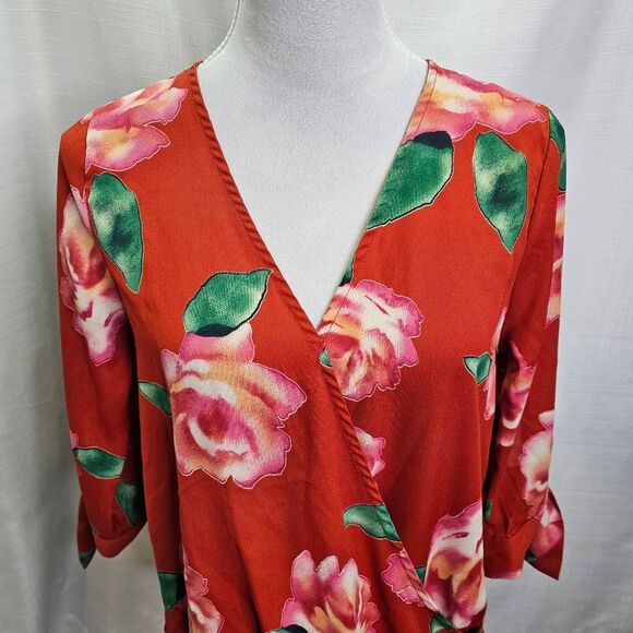 West Kei Orange Floral Surplice Blouse Size Small - Picture 4 of 9